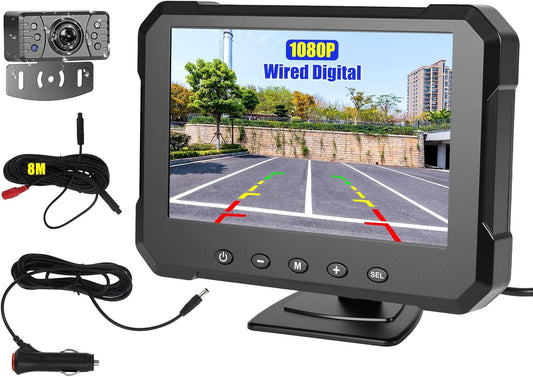OiLiehu Bedrade Achteruitrijcamera Set, HD 1080P 5-inch Monitor met Infrarood Nachtzicht, IP68 Waterdicht, 8 meter Kabel, Met Parkeerhulplijnen
