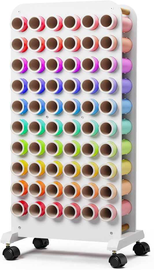 Mobiele vinyl rolhouder, 60 compartimenten vinyl opbergorganizer met vergrendelende zwenkwielen, houten vinyl rol opbergkar rek ambachtelijke opslag cadeauverpakking organizer voor thuis