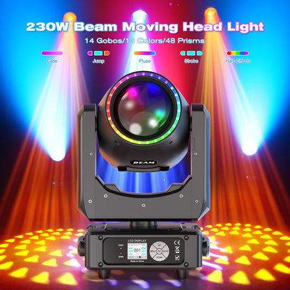 Mini 230W 7R Beam Moving Head podiumlicht met RGB lichtring 13 kleuren 14 patronen party verlichting koplamp voor disco club live show bar bruiloft Kerstmis podiumtechniek