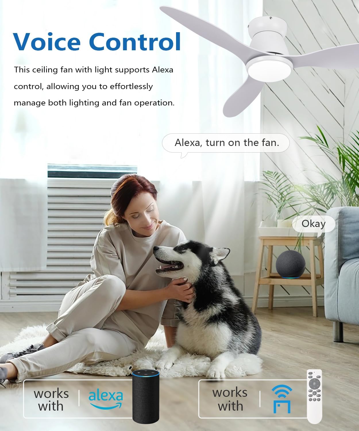 LJX Plafondventilator met intelligent licht, compatibel met Alexa, kroonluchter, ventilator, 106 cm, wit, ultrastil, DC, 6 snelheden, omkeerbaar, voor slaapkamer, woonkamer