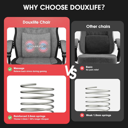 Douxlife Gamingstoel, stof met massage, verbreed zitkussen met pocketveren, ergonomische bureaustoel, pc-gamerstoel met voetensteun en metalen poten, 158 kg belastbaarheid, lichtgrijs