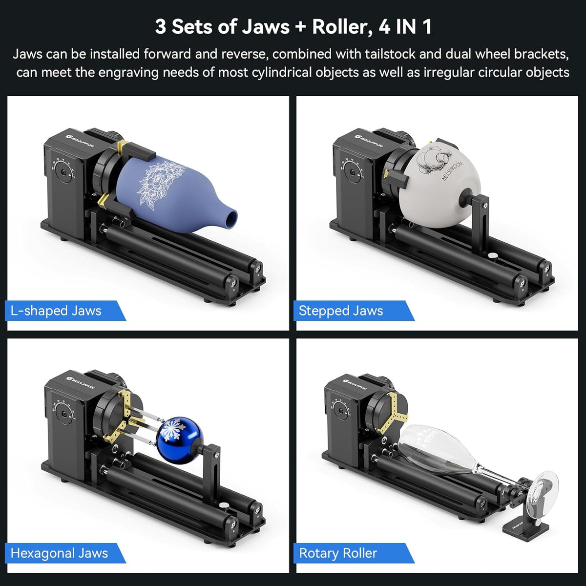SCULPFUN RA Pro Max Rotary Roller, 4-in-1 roterende Chuck voor lasergraveermachine, Y-as rotatiemodule, met 180° instelbare hoek, voor het graveren van cilindrische, onregelmatige ronde objecten