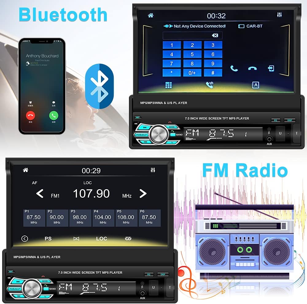 Hikity 1 Din Apple Carplay autoradio met uitschuifbaar scherm, Android autoradio met 7 inch touchscreen, radio met Bluetooth handsfree, FM USB/AUX+achteruitrijcamera