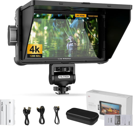 VILTROX DC-550 Camera Field Monitor 1200Nit 5,5 inch 4K HDMI Camera Monitor met accu, Full HD 1920x1080 IPS, 5,5 inch 3D LUT met zonnekap, opbergtas voor Sony Canon Nikon DSLR camera's