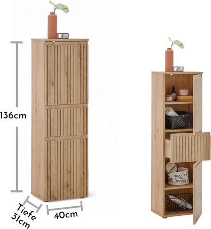 Stella Trading Austin badkamercommode in Artisan eikenlook, wilde eiken-look, FSC-gecertificeerd - badkamerkast met veel opbergruimte - 40 x 136 x 31 cm (b x h x d)