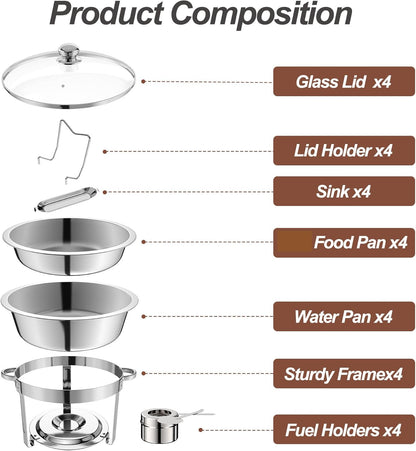 NArra 4-pack ronde 7,5 l Chafing Dish Buffet Set, voedselwarmer met glazen deksel, buffet warmer, roestvrij stalen buffet serveerborden, dikke catering hot pot voor feesten, bruiloften, picknicks