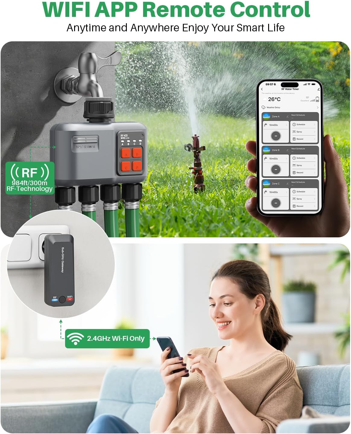 Wifi-irrigatieprogrammeerder, 4 uitgangen met gateway, RF-technologie 300 m, automatische irrigatietimer voor tuinirrigatie, compatibel met Alexa en Smart Life app