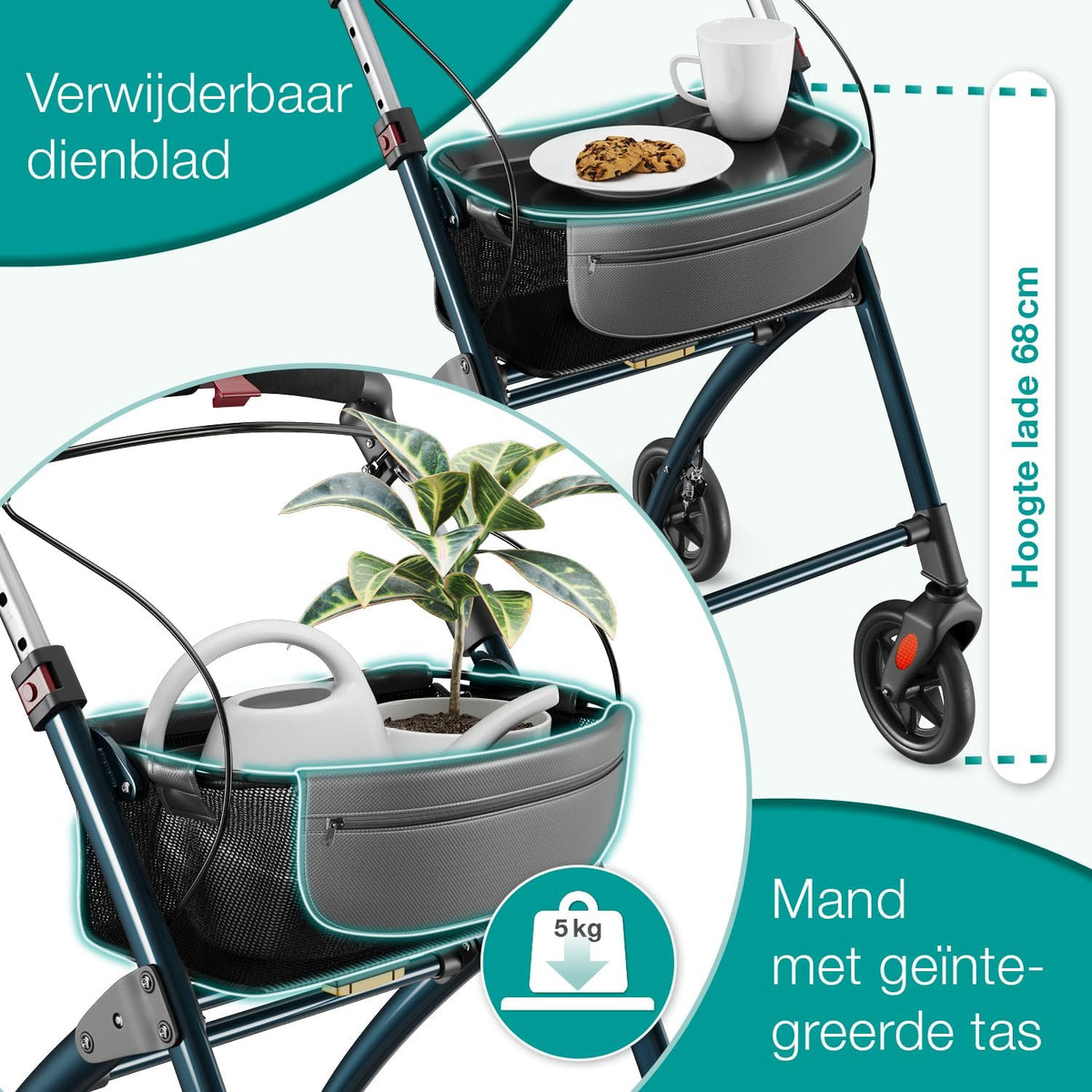 ELONEO Lichtgewicht Rollator voor Binnen - 54 cm Breed, Opvouwbaar Looprek met Dienblad en Stoffen Mandje, Smalle Rollator van Aluminium, Inklapbaar Mobiliteitshulpmiddel, Antraciet