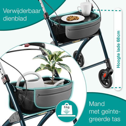 ELONEO Lichtgewicht Rollator voor Binnen - 54 cm Breed, Opvouwbaar Looprek met Dienblad en Stoffen Mandje, Smalle Rollator van Aluminium, Inklapbaar Mobiliteitshulpmiddel, Antraciet