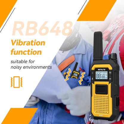 Retevis RB648 Walkie Talkie, IP67 Waterdichte Tweewegradio, Dubbele PTT, SOS-Vibratie, 2000mAh, Heavy-Duty Walkie-Talkie met Oortelefoon voor Bouwplaatsaannemers (4 Stuks, Geel)