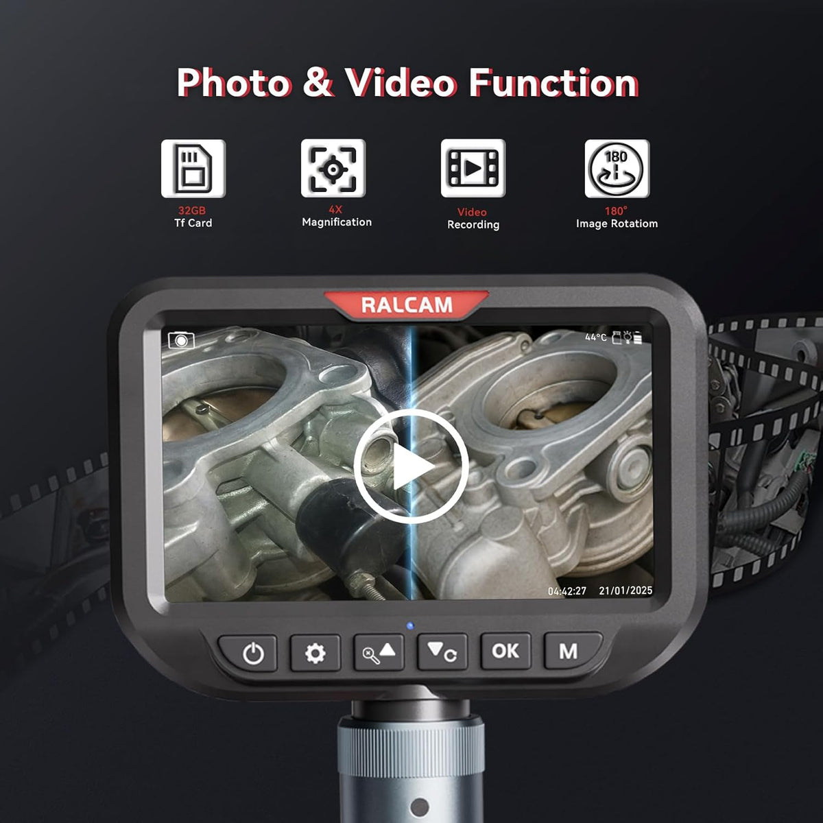 Ralcam Endoscoopcamera met licht, endoscoopcamera met 180° beweegbare kop, 8,5 mm dual-sonde, 5 inch HD-display, inspectiecamera, IP67 waterdicht, buiscamera met 3M halfharde kabel en 6+1 leds