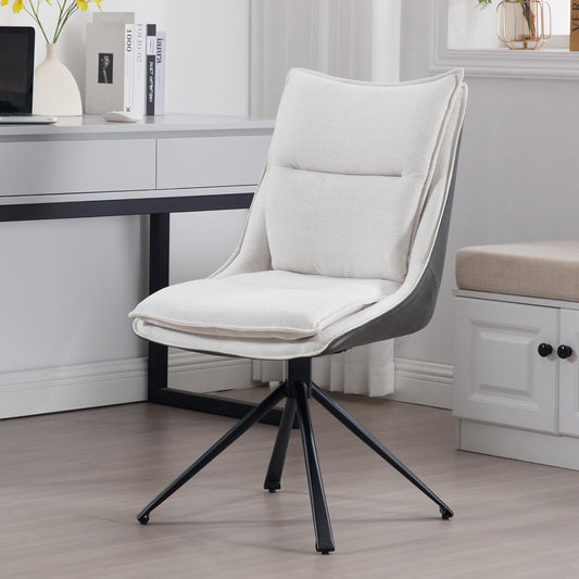 Beige Bureaustoel – Bureaustoel Zonder Wieltjes – Draaistoel – Linnen Stoel – Armless Stoel – Dubbele Rugkussenlaag – Zwarte Metalen Poten - QUORE