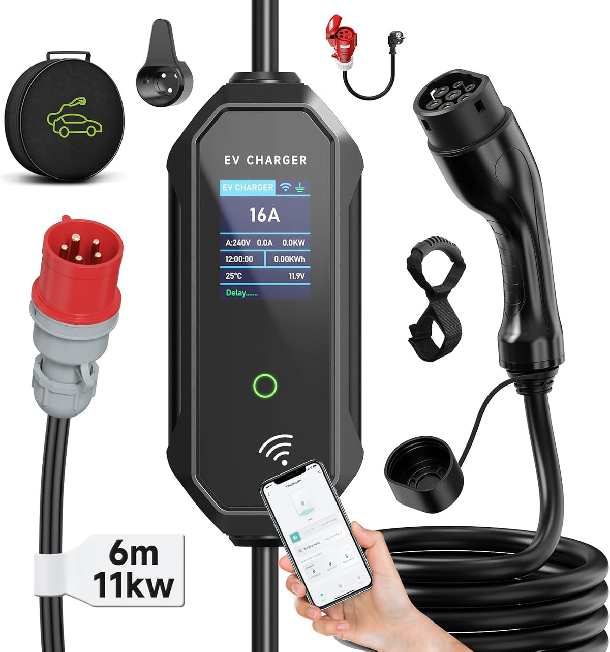EV Oplader CEE 11kW, 3-Fase, 6m, 8-16A dé EV-lader Type 2, Mobiel Laadstation/Wallbox Laadkabel Type 2 met Digitale LCD bediening voor ID.5, Model Y/3, e-up, e-tron, en andere EV