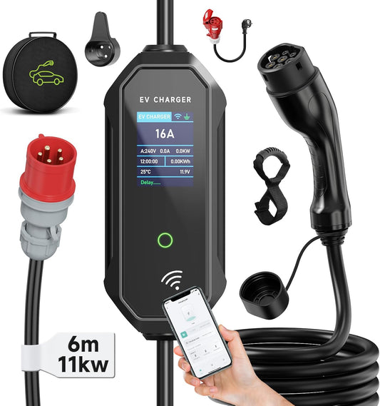 EV Oplader CEE 11kW, 3-Fase, 6m, 8-16A dé EV-lader Type 2, Mobiel Laadstation/Wallbox Laadkabel Type 2 met Digitale LCD bediening voor ID.5, Model Y/3, e-up, e-tron, en andere EV