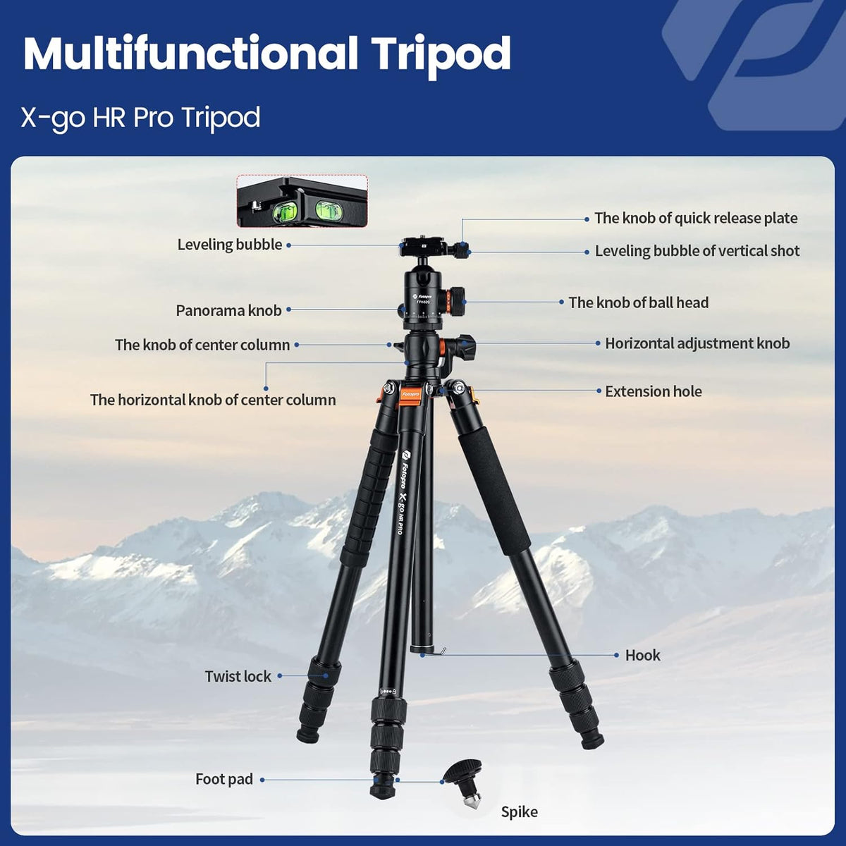Camerastatief Met Kogelkop – Fotostatief – Reisstatief – Videostatief – Monopod – Horizontale Middenkolom 44 Cm – Verstelbare Hoogte 22,5 Tot 172 Cm