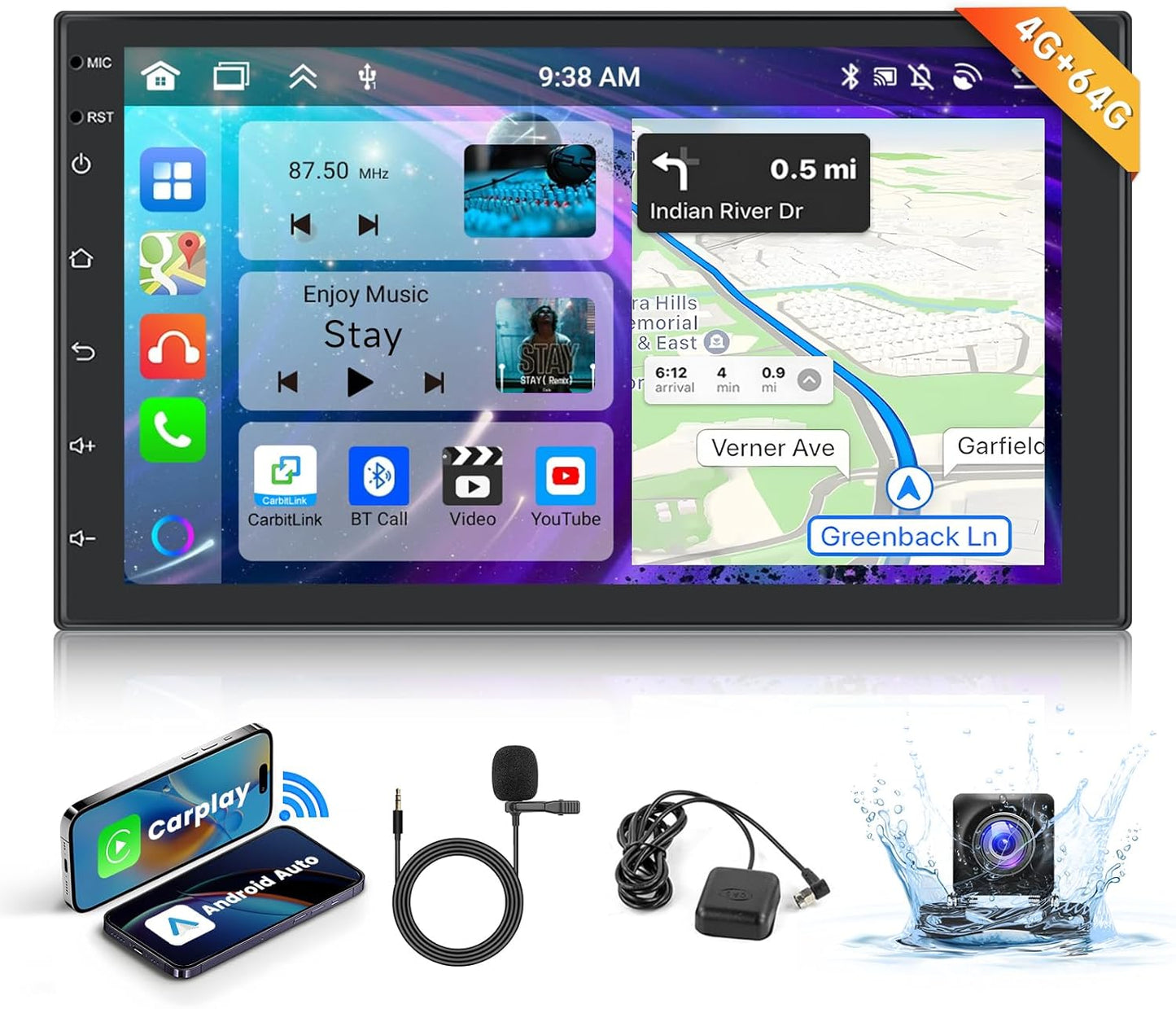 【4+64G】Podofo 8-Core Android 13 Autoradio Draadloze Carplay Android Auto Bluetooth met 7"Touchscreen, Radio RDS/FM met Wifi/GPS Navi+AHD Back up Camera DSP/HiFi