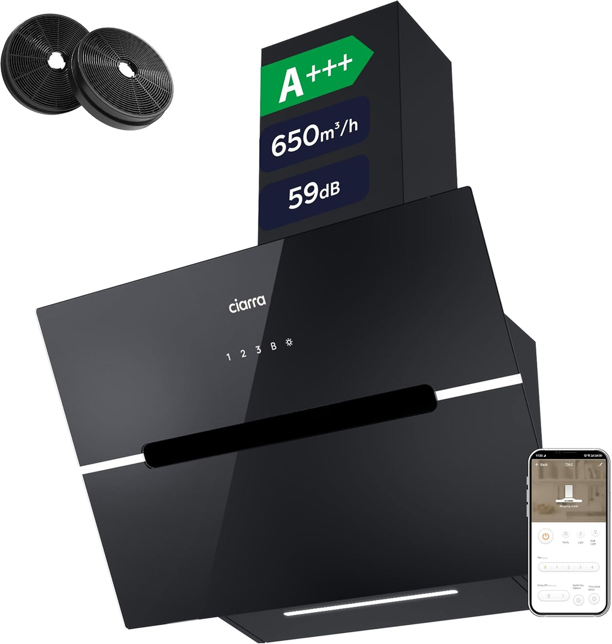 CIARRA CBCB6736F A+++ Afzuigkap 60 cm wandafzuigkap 650m³/h, 3 standen en boostfunctie. Wi-Fi app of touch. afvoer- en recirculatie afzuigkap met koolstoffilter CBCF003. Zwart