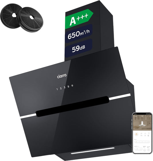 CIARRA CBCB6736F A+++ Afzuigkap 60 cm wandafzuigkap 650m³/h, 3 standen en boostfunctie. Wi-Fi app of touch. afvoer- en recirculatie afzuigkap met koolstoffilter CBCF003. Zwart