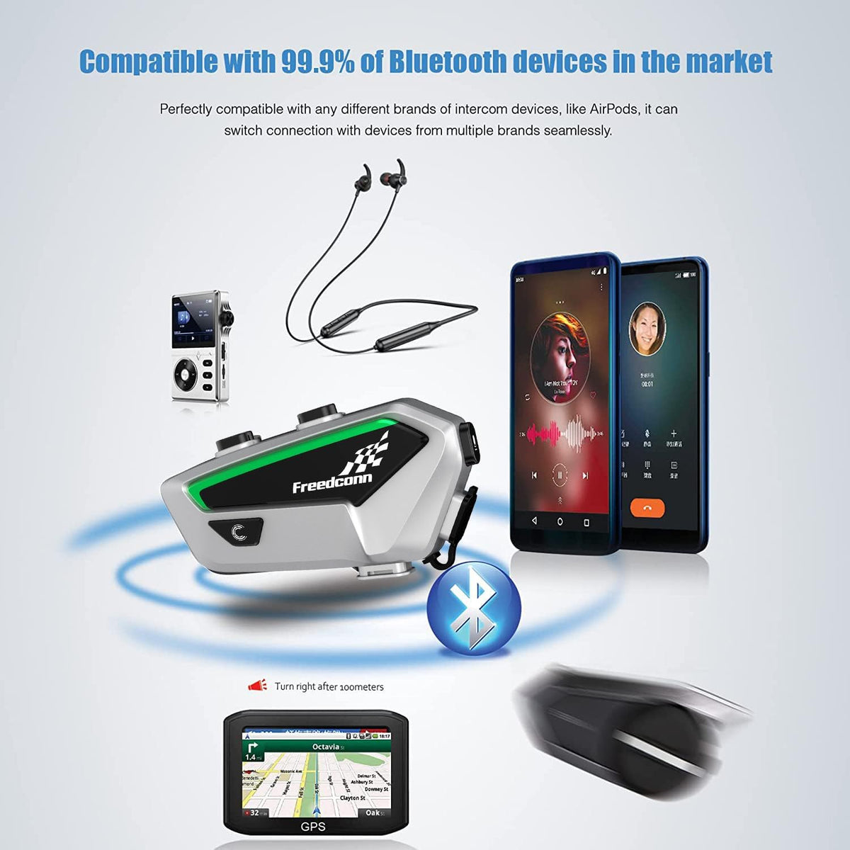FreedConn FX Motorfiets Bluetooth Headset met Muziek Delen, 2 stks FX 10 Riders 1500m Groep Helm Bluetooth Intercom met Ruisonderdrukking/FM Radio, /Universele Koppeling/Zilver Ultradunne Body