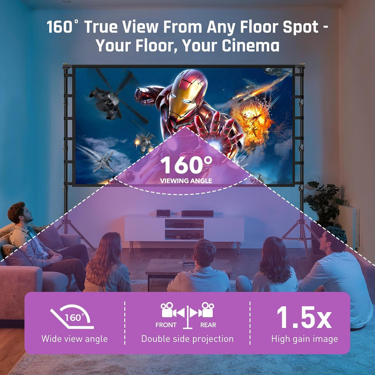 Draagbaar projectorscherm met standaard 120 Inch, LEORFI Movie Projector Scherm en standaard Pull Down 16:9 4K Full HD, Outdoor Indoor Projectiescherm, Ondersteuning In hoogte verstelbaar voor Office