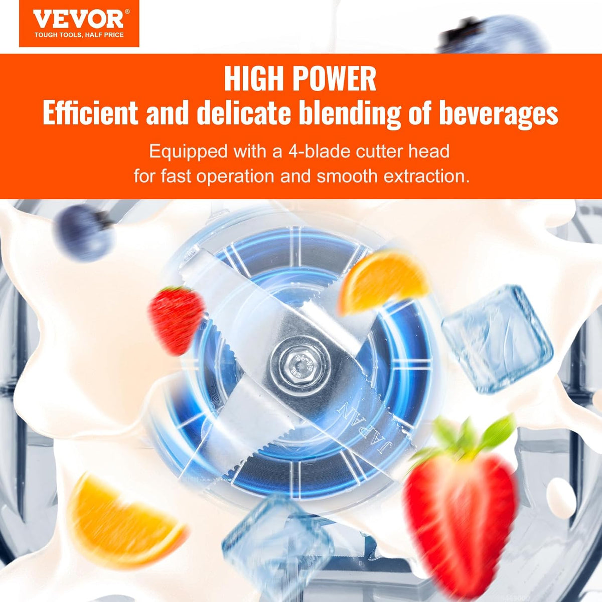 VEVOR Professional Blender with Protection Combined with 2L Glass Jug, Stainless Steel, 9 Speed and 5 Functions, for Smoothies, Black, 280 x 240 x 505 mm