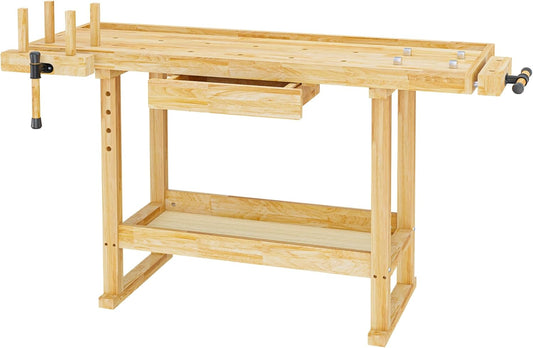 Werkbank 145x49x86cm hout (Rubberwood) met schuiflade, opbergbak, spantangen en bankschroeven