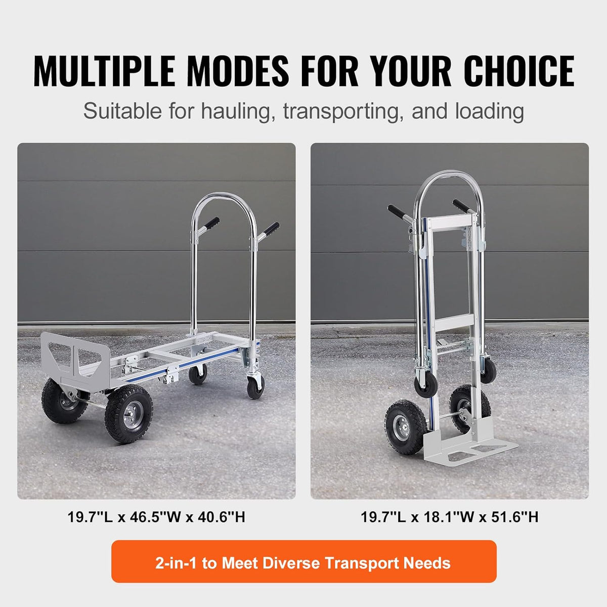 VEVOR Aluminium Trailer Truck, 2-in-1, Hand Truck, Moving Truck, Load Capacity 363 kg, Hand Truck, Convertible in Platform Truck, Rubber Wheels for Transport, Warehouse, Goods