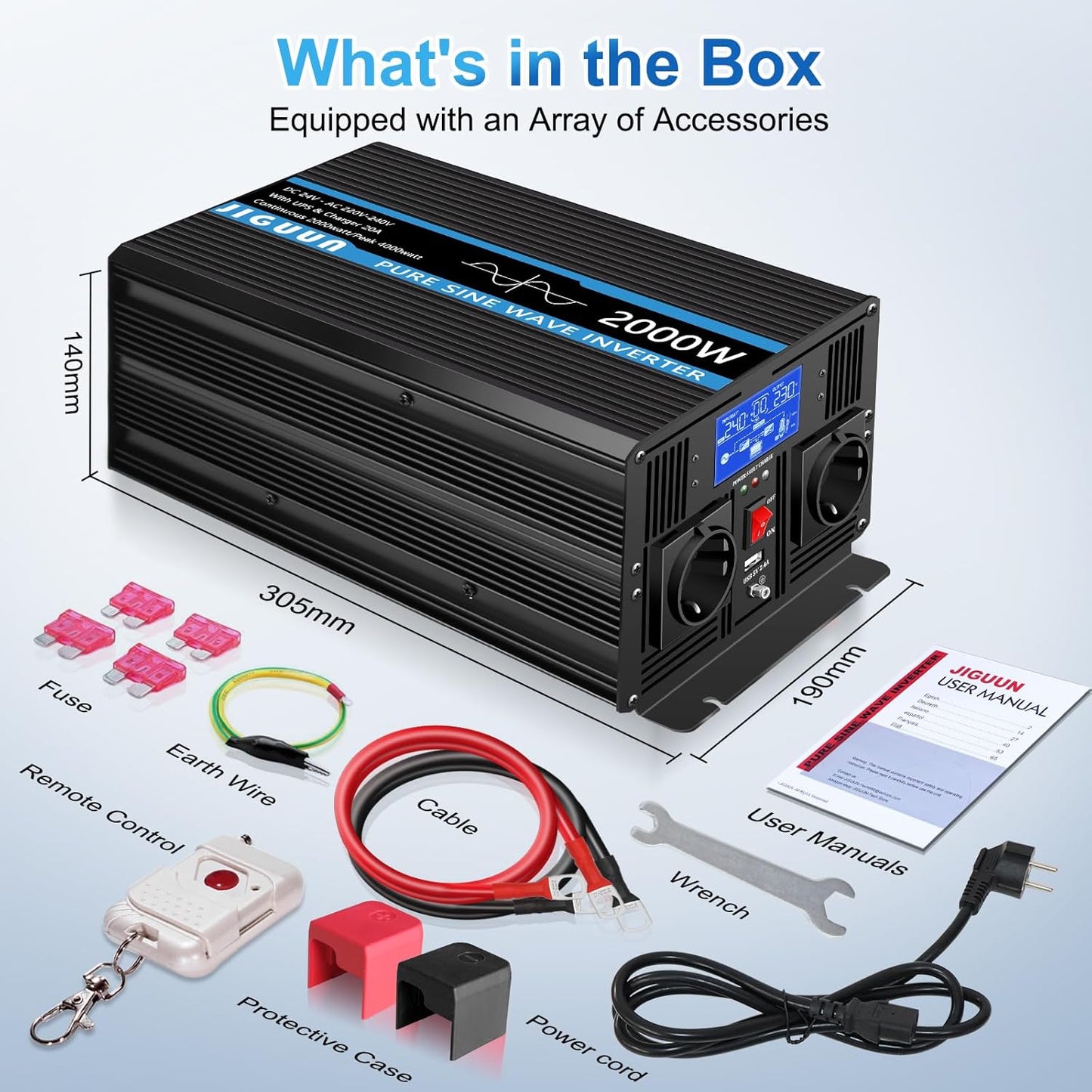 JIGUUN 2000W omvormer 24v naar 230v zuivere sinus met 20A lader en net prioriteit circuit en UPS, 2 EU-stopcontacten, draadloze afstandsbediening en LCD-display piekvermogen 4000W