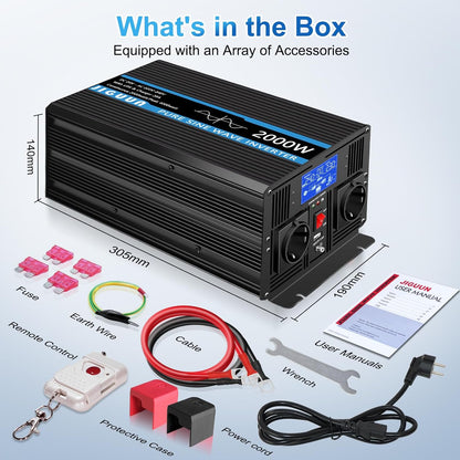 JIGUUN 2000W omvormer 24v naar 230v zuivere sinus met 20A lader en net prioriteit circuit en UPS, 2 EU-stopcontacten, draadloze afstandsbediening en LCD-display piekvermogen 4000W