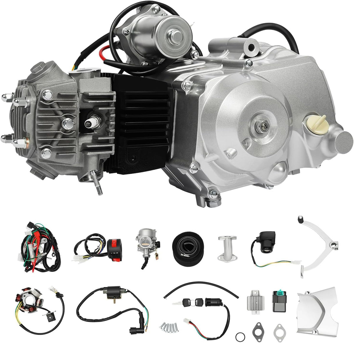 DIFU 125cc motor dirtbike motor kit semi-automatic, 3 speed & 1 reverse pitbike electric start motor with wire harness, CDI 4-stroke engine, ATV, Mini Quad motorcycle motor, go-kart pocket - QUORE