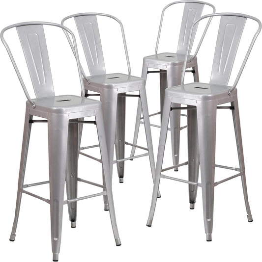 Flash Furniture Barkruk met rugleuning, metalen barstoel voor binnen en buiten, ideaal voor keuken, bar of bistro, set van 4, zilver