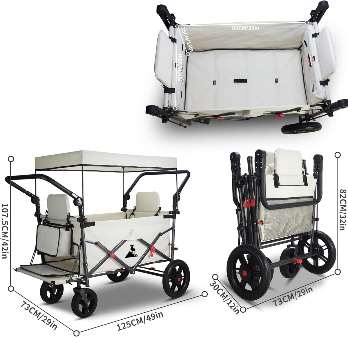 Bolderkar, inklapbaar, met 2 zitplaatsen en remmen, campingwagen voor uitstapjes, handwagen met 120 l grote opbergruimte, PU volle banden, tot 120 kg draagkracht (beige)