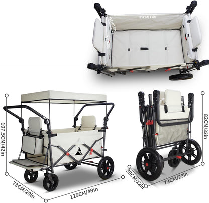 Bolderkar, inklapbaar, met 2 zitplaatsen en remmen, campingwagen voor uitstapjes, handwagen met 120 l grote opbergruimte, PU volle banden, tot 120 kg draagkracht (beige)