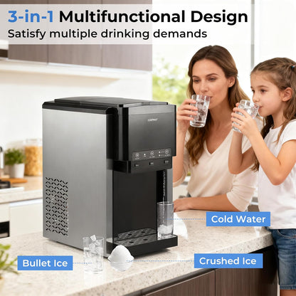 FANTASK 3-in-1 ijsblokjesmachine, 12 ijsblokjes in 9 minuten, waterdispenser met gemalen ijs, ijsmaker 20 kg/dag, compressorkoeling voor thuis, keuken en kantoor