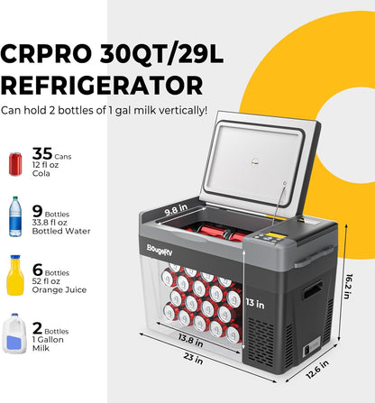 BougeRV CRPRO Compressor koelbox 12 V, 29 liter auto koelbox (-20 °C ~ 10 °C), 12/24 V DC & 110-240 V AC draagbare auto koelkast, 12 V koelkast, voor auto, camping, reizen