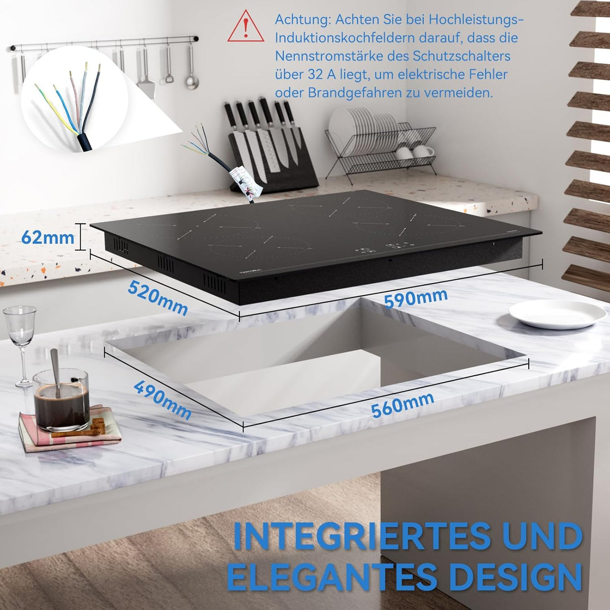 Hermitlux Inductiekookplaat, 60 cm, 4 kookplaten, 9 standen, Touch Slider Control, veiligheidskookplaat en timer, 7200 W