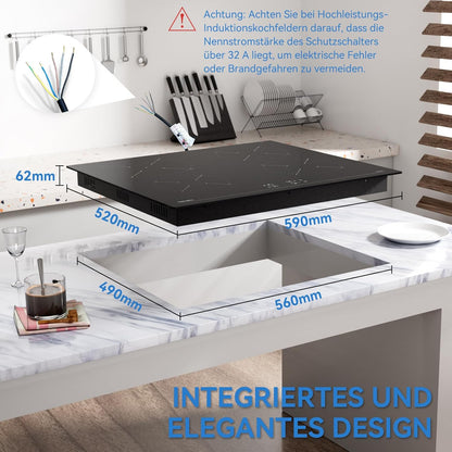 Hermitlux Inductiekookplaat, 60 cm, 4 kookplaten, 9 standen, Touch Slider Control, veiligheidskookplaat en timer, 7200 W