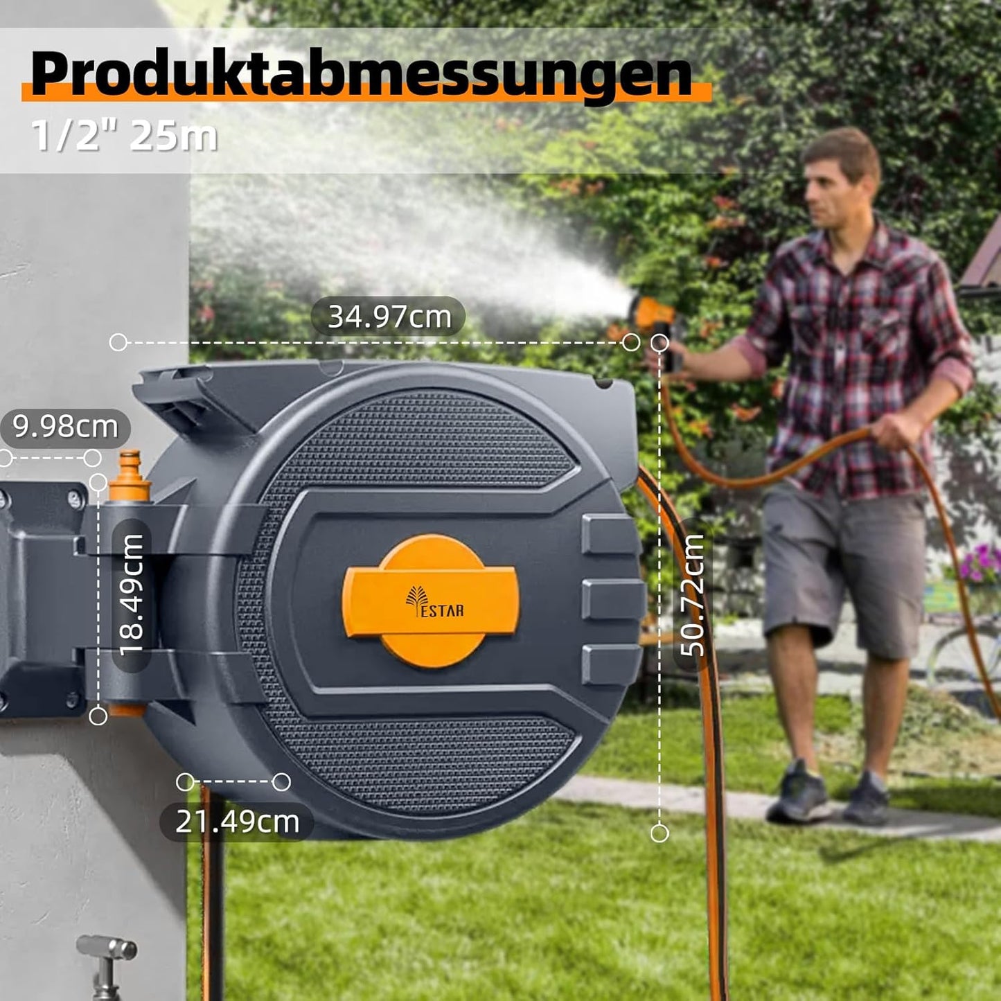 Slanghaspel, 25 m + 2 m, slanghaspel met oprolmechanisme, 180 graden draaibaar, wandslangbox met vergrendelingsstop en sproeikop met 7 patronen, voor tuinirrigatie en autowassen