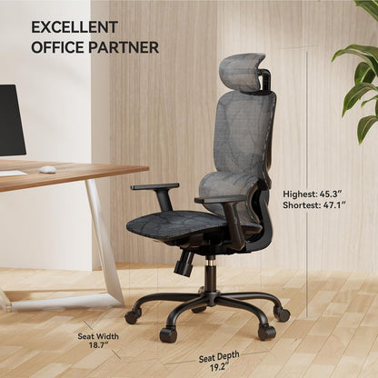NOBLEWELL Ergonomische bureaustoel met hoge rugleuning, computerstoel van mesh met lendensteun, 3D-armleuning, dubbele rugleuning en verstelbare hoofdsteun