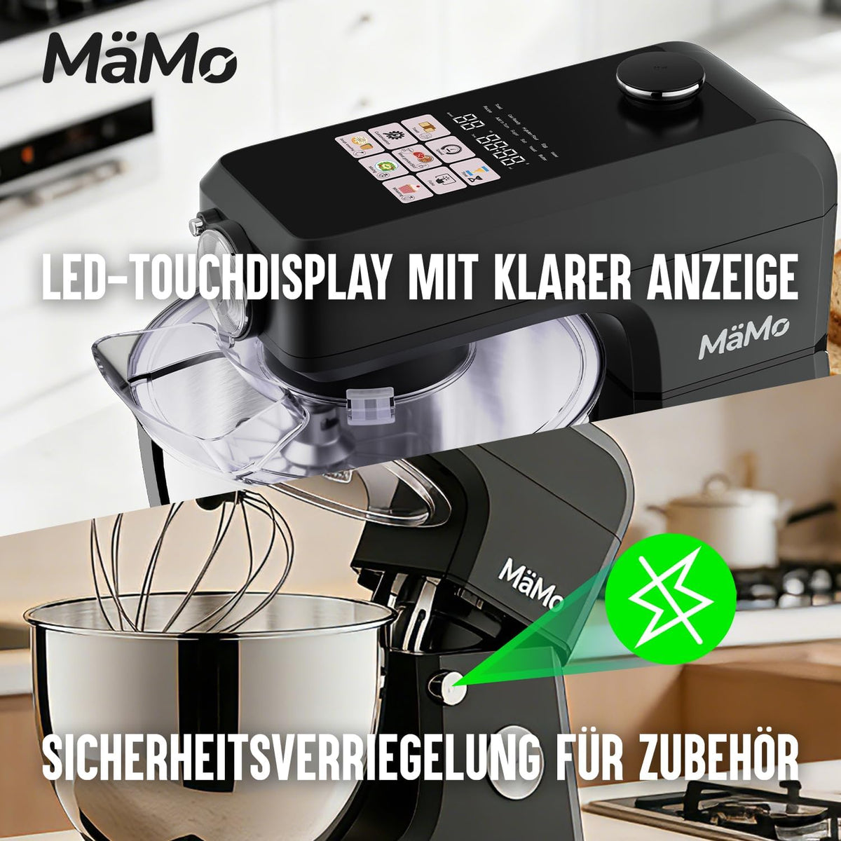 Keukenmachine met 1900 W – deegmachine, led-touchscreen, roerapparaat en mixer voor kneden, slagroom en vlees – 8 l roestvrijstalen kom, 11 snelheden, 6 programma's, 3-delige patisserieset