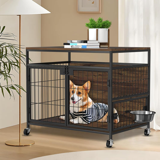 Hondenkooi met wielen, robuuste bijzettafel van hout, hondenbox voor binnen voor kleine, middelgrote honden, dubbele deuren en 360 graden draaibare roestvrijstalen bak, 78,9 cm l x 54,8 x 69,8 H