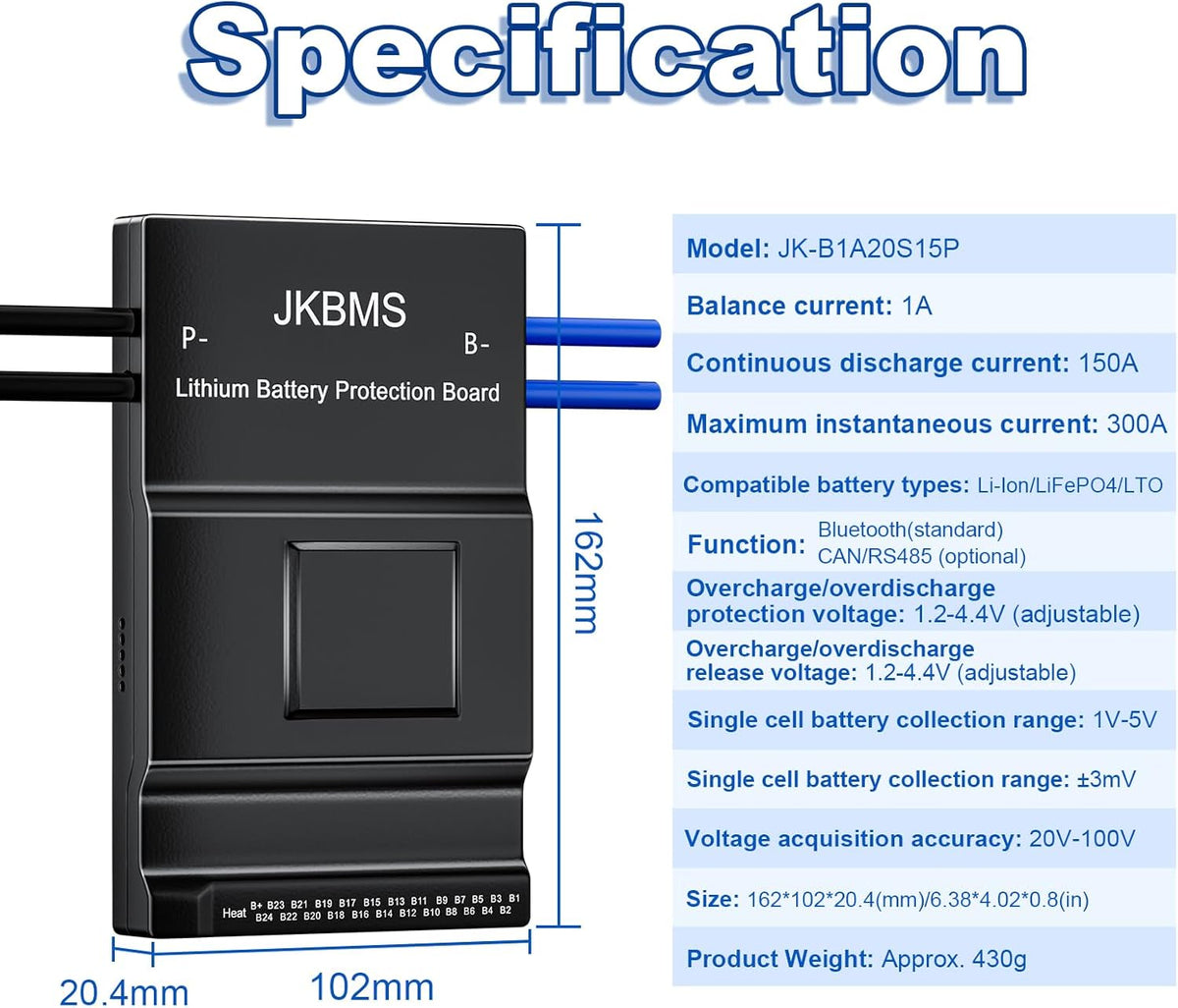 JKBMS Smart BMS 8S-20S 24V-60V 150A 1A met Bluetooth, RS485 en Actieve Balancering voor Li-Ion, LiFePO4 en LTO Batterij Bescherming (JK-B1A20S15P)