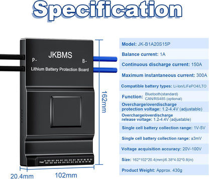 JKBMS Smart BMS 8S-20S 24V-60V 150A 1A met Bluetooth, RS485 en Actieve Balancering voor Li-Ion, LiFePO4 en LTO Batterij Bescherming (JK-B1A20S15P)