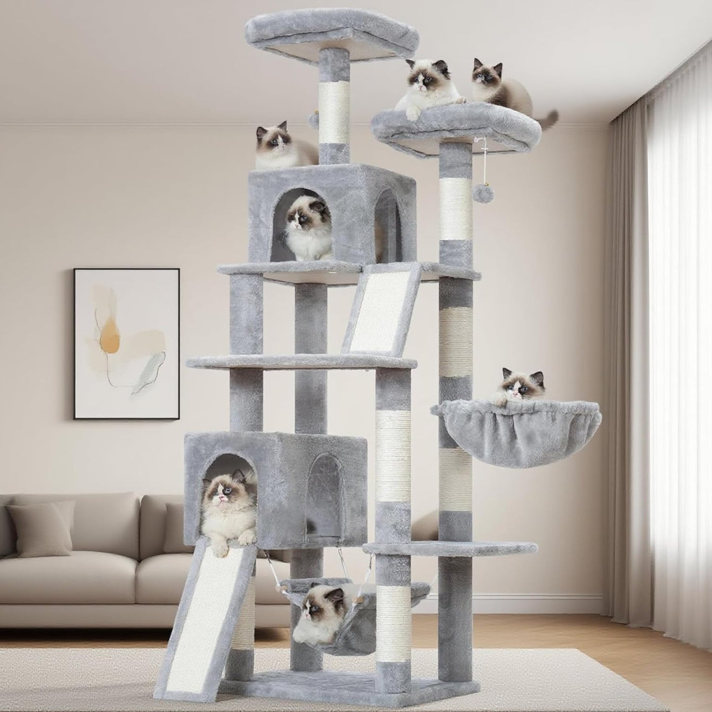 Cat Tree Indoor Cat Tree 200cm Cat Scratching Post with Large Adult Cats, 2 Scratching Boards, 7 Scratching Posts, 2 Plush Platforms, 2 Cat Cavities, Light Grey GCT032W - QUORE