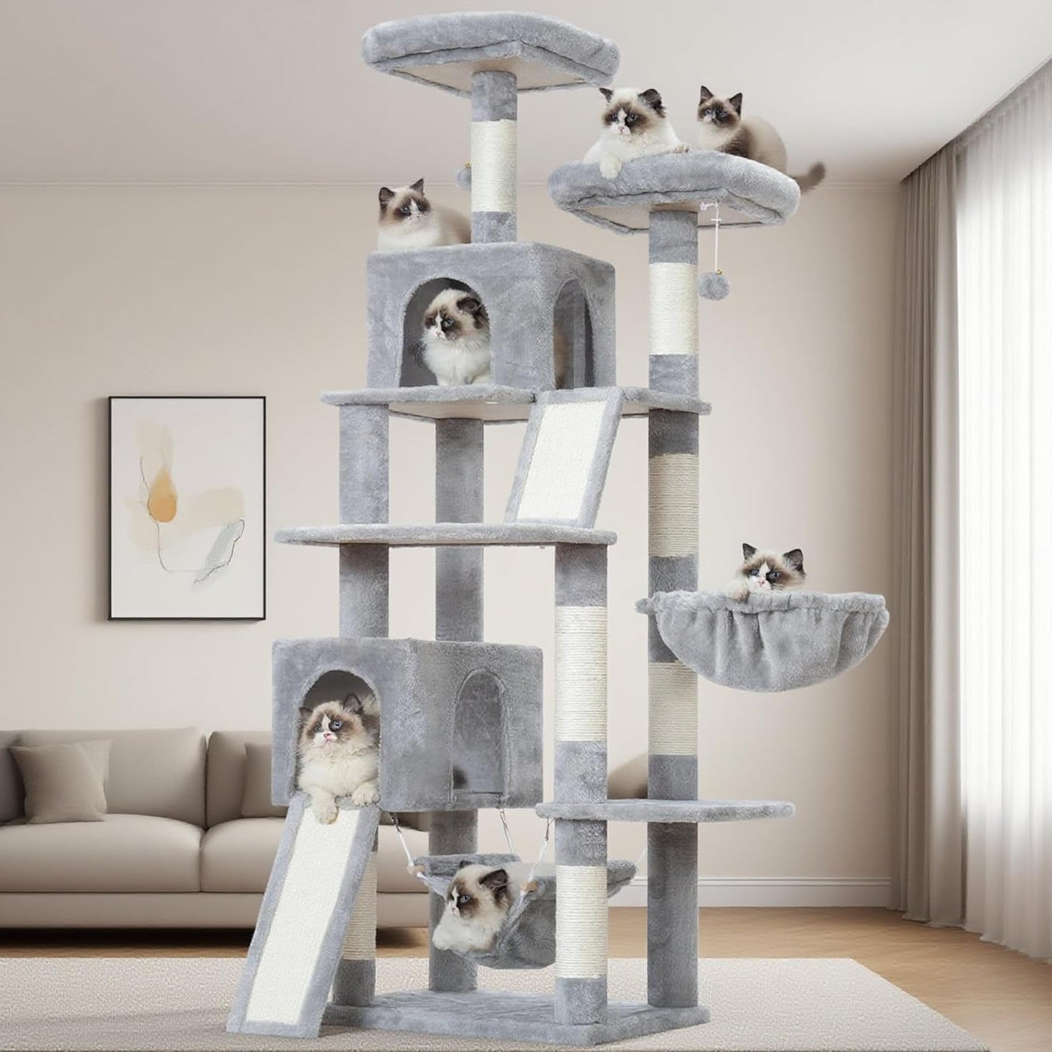 Cat Tree Indoor Cat Tree 200cm Cat Scratching Post with Large Adult Cats, 2 Scratching Boards, 7 Scratching Posts, 2 Plush Platforms, 2 Cat Cavities, Light Grey GCT032W - QUORE
