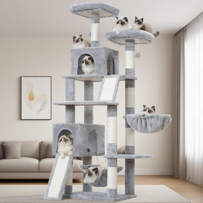 Cat Tree Indoor Cat Tree 200cm Cat Scratching Post with Large Adult Cats, 2 Scratching Boards, 7 Scratching Posts, 2 Plush Platforms, 2 Cat Cavities, Light Grey GCT032W - QUORE