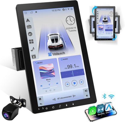 360° Draaibare Autoradio – 1 DIN Autoradio – Bluetooth Stereo – Draadloze CarPlay – Android Auto – 10,1 Inch IPS Touchscreen – Ingebouwde 720P Achteruitrijcamera & Stembediening