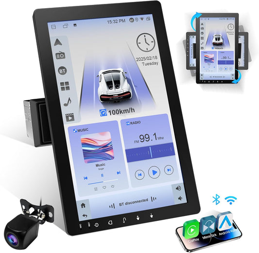 Haudio 360° Draaibare Autoradio, 1 DIN Bluetooth Stereo met Draadloze Carplay & Android Auto, 10.1 inch IPS Touchscreen Carplay met Spiegellink,Stembediening, RDS/FM/AM Radio, 720P Achteruitrij Camera