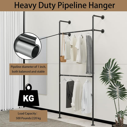 Kledingrek van metalen buis, moderne wandgarderobe, inloopkast, enkele zuil met twee lagen, 105 x 220 cm, zwart