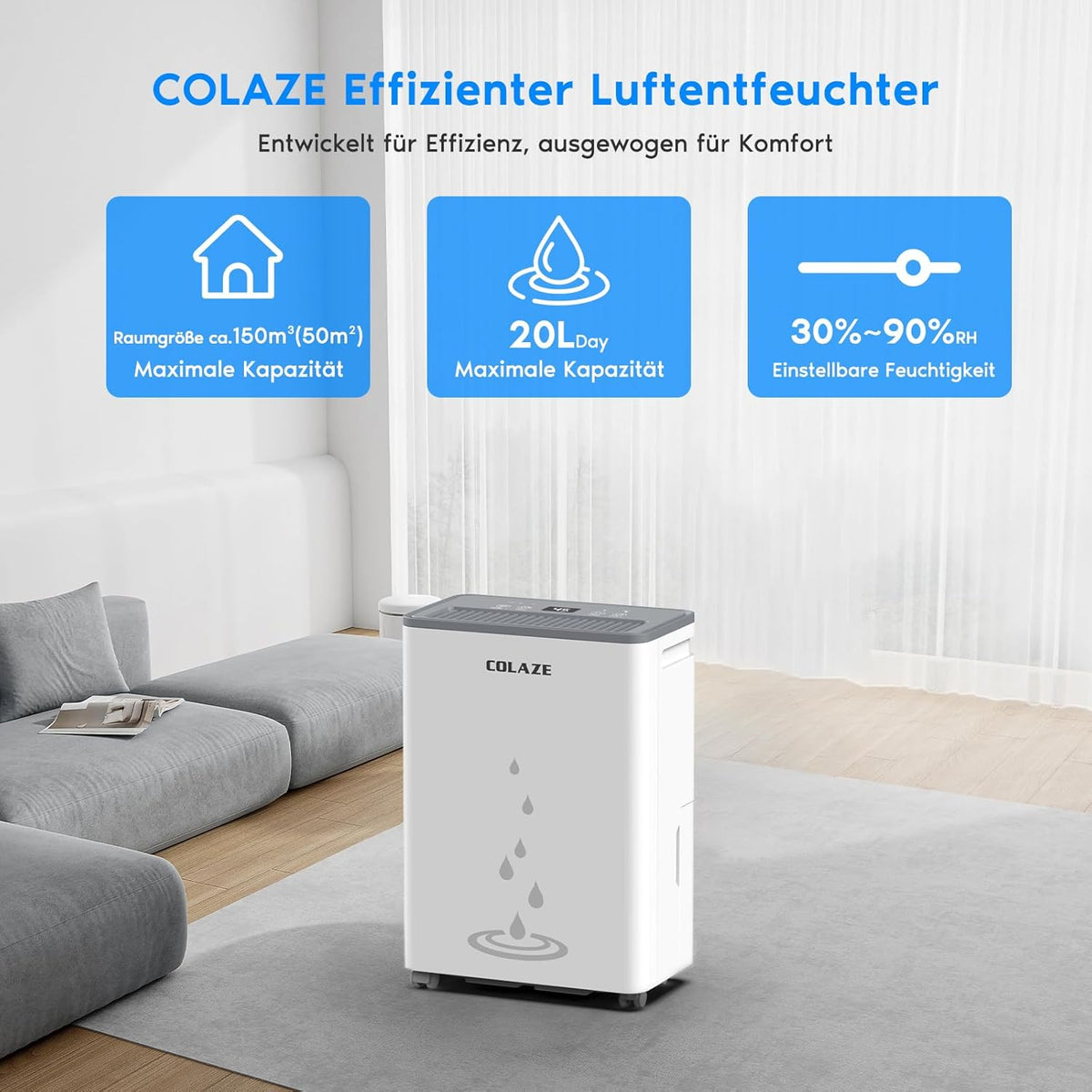 Colaze Luchtontvochtiger 20L/24U, Elektrische Luchtontvochtiger voor een ruimte van ca.150m³(50m²), Stille elektrische ontvochtiger, Elektrische kamerluchtontvochtiger voor appartement, kelder